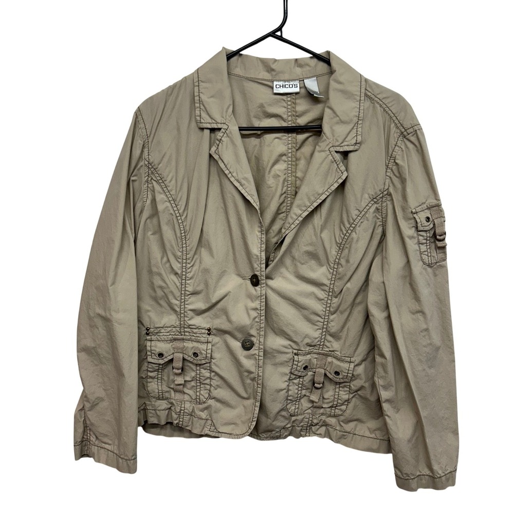 Chicos Utility Safari Jacket Tan Cotton Womens Size 3 XL Pockets Lightweight